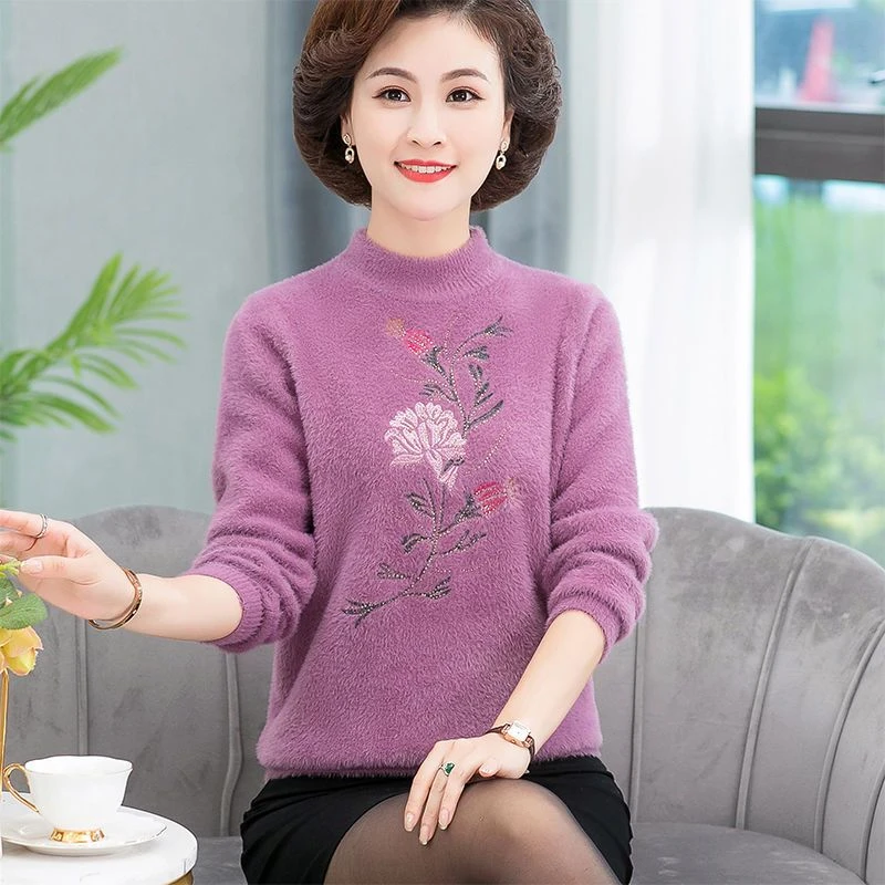 妈妈秋冬装水貂绒上衣洋气半高领毛衣中老年女加厚保暖针织打底衫