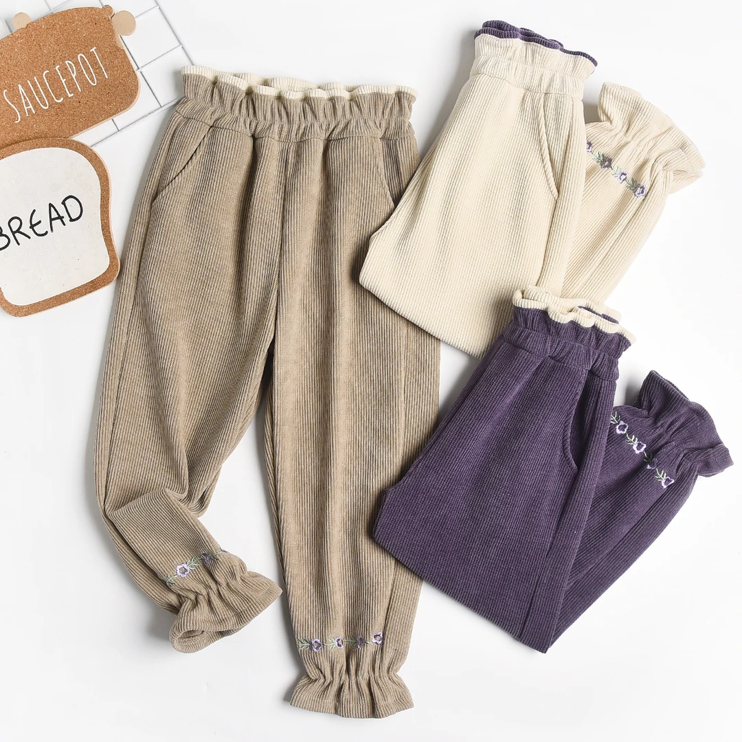 24年秋款洋气女童欧棉绒长裤儿童刺绣休闲裤中大童花边运动裤6613