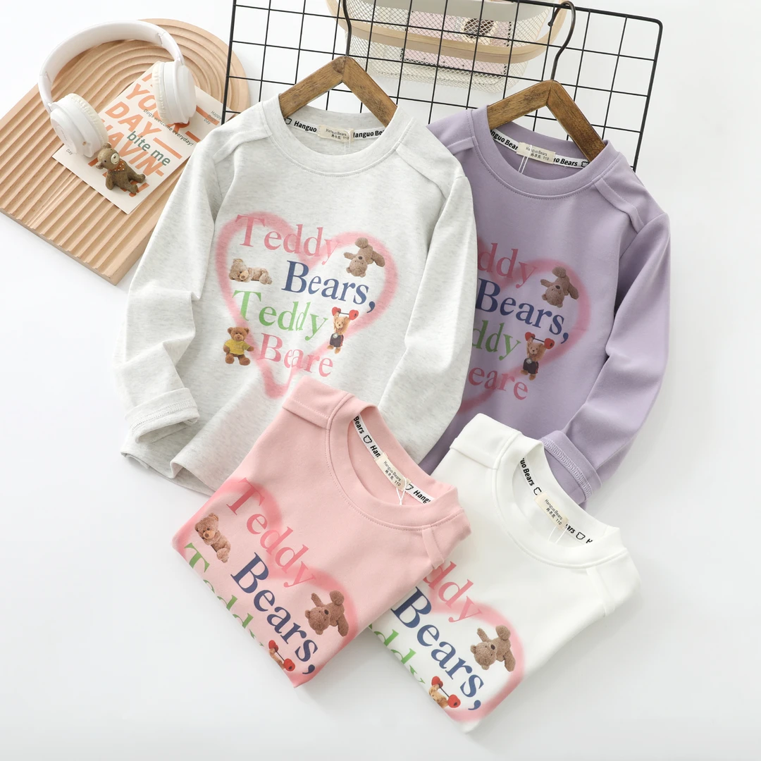 秋冬款女童中大童圆领打底衫 长袖T恤 数码印花T恤（6802）