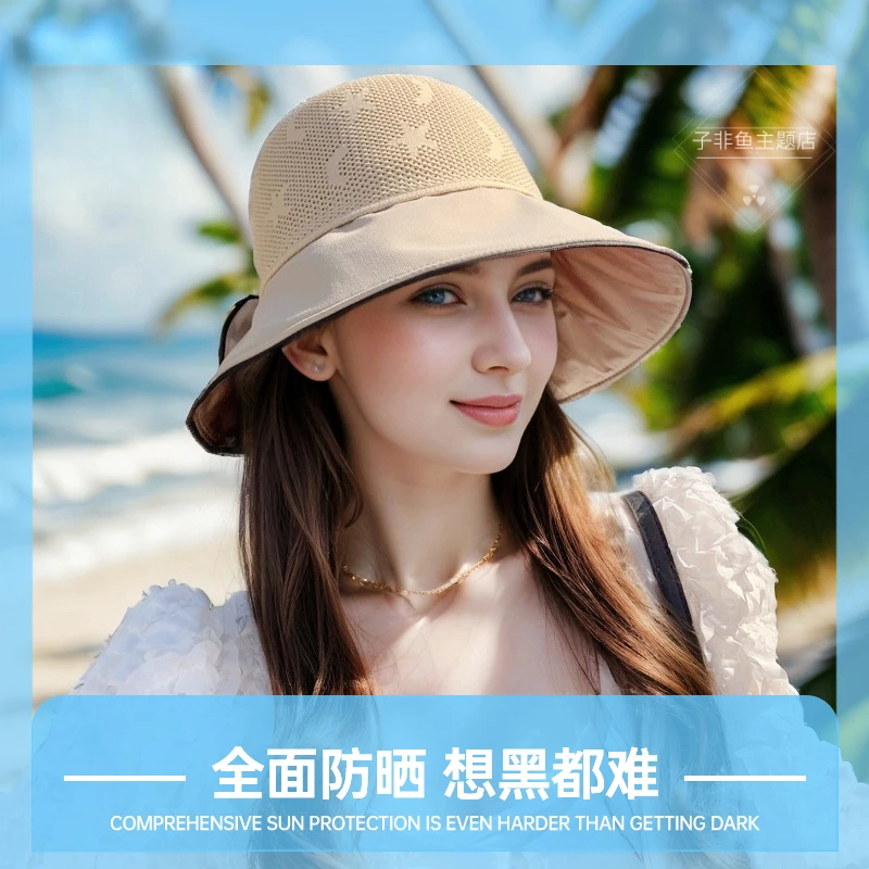 【子非鱼】夏季款户外防晒帽蝴蝶结遮脸太阳帽女生百搭黑胶遮阳时尚