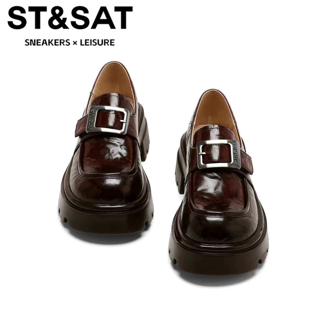 星期六粗跟厚底真皮单鞋女士秋季新款英伦风小皮鞋增高乐福鞋女鞋