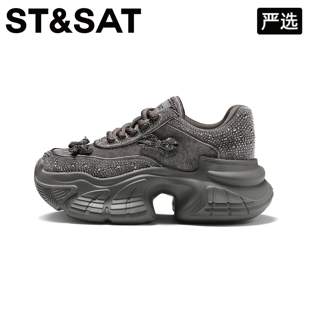 星期六蝴蝶结满钻老爹鞋女ins2024冬季新款厚底小个子增高休闲鞋