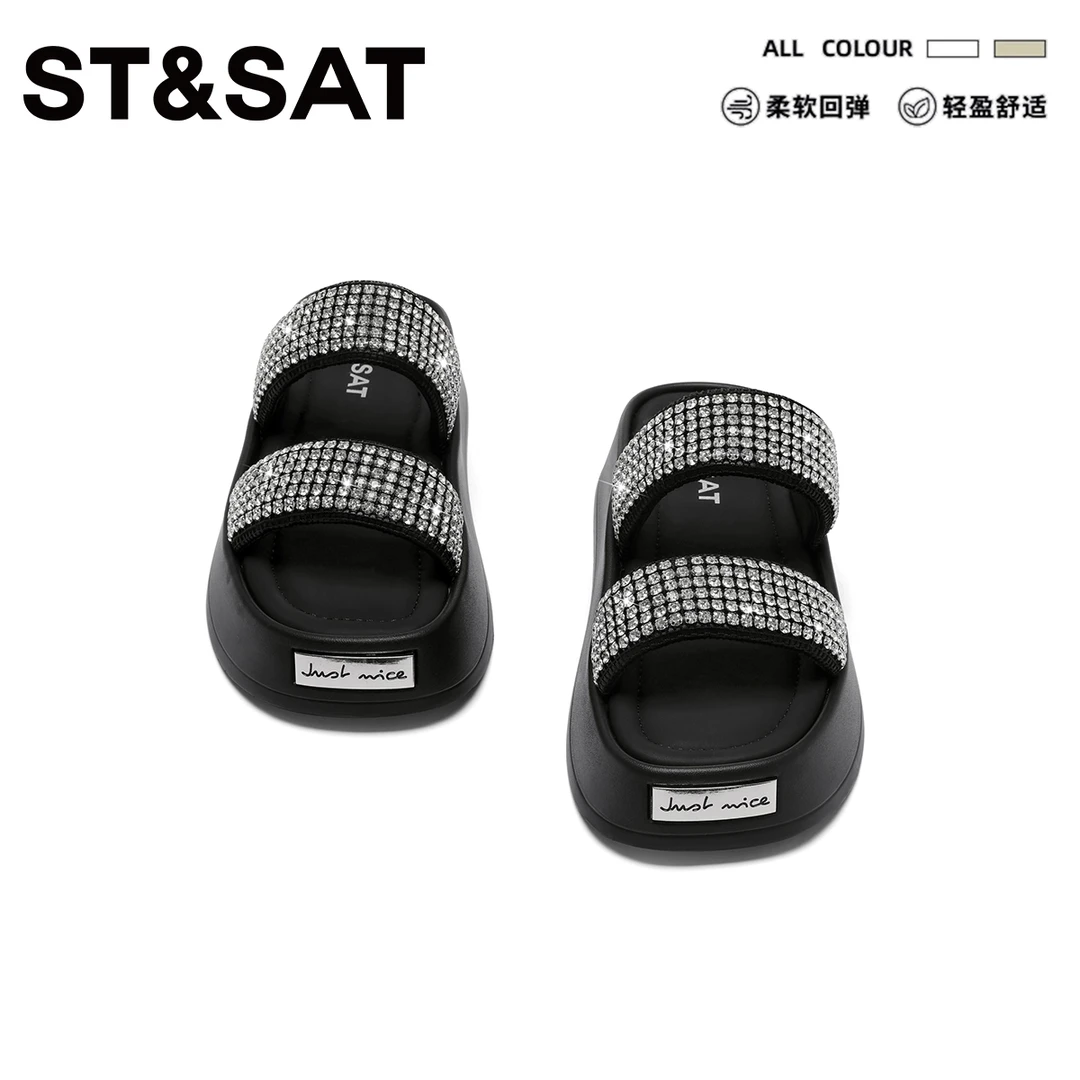 星期六水钻松糕底凉拖鞋女夏季新款外穿罗马凉鞋仙女风厚底一字拖