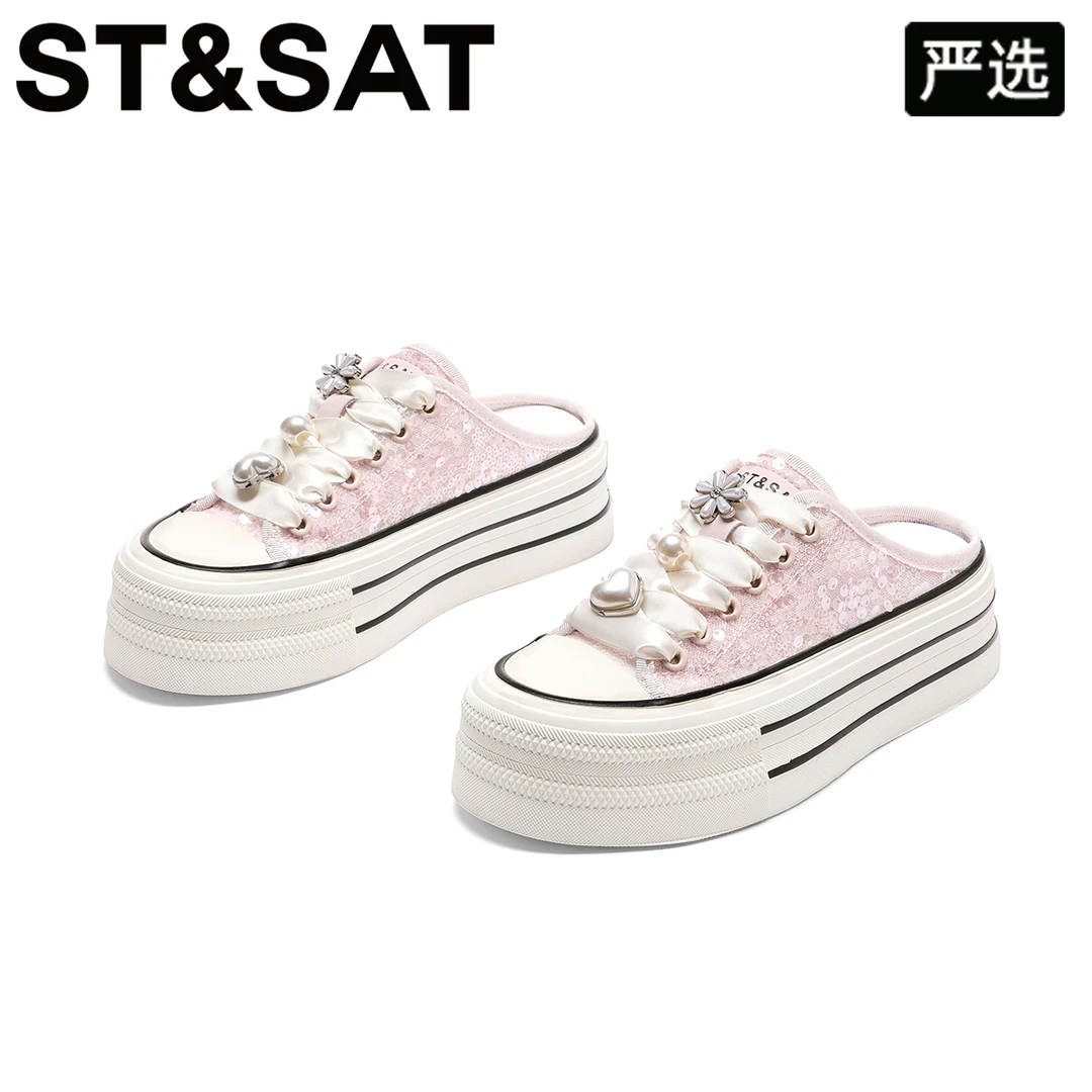 星期六珍珠亮片松糕包头拖鞋女夏25年新款丝带仙女风厚底小白拖鞋