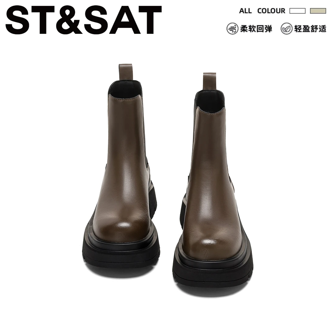 星期六弹力切尔西靴女秋冬季新款圆头厚底烟筒靴时尚简约百搭短靴