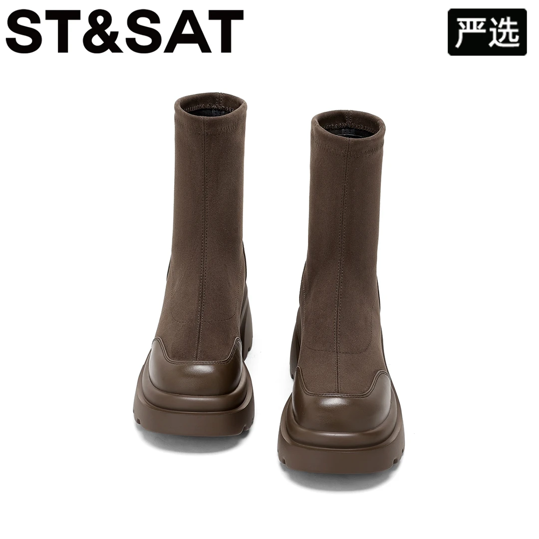 星期六时尚复古弹力靴女靴2025冬季新款美拉德厚底粗跟瘦瘦靴短靴