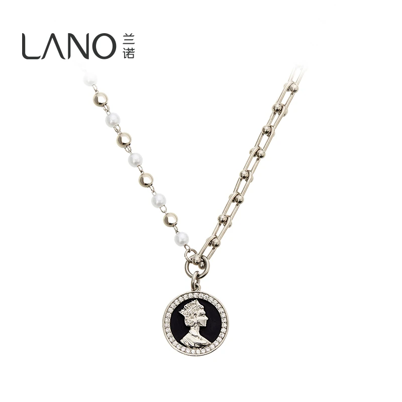 兰诺 仿珍珠项链 女王头像【复古又时髦】黑色气质轻奢毛衣链