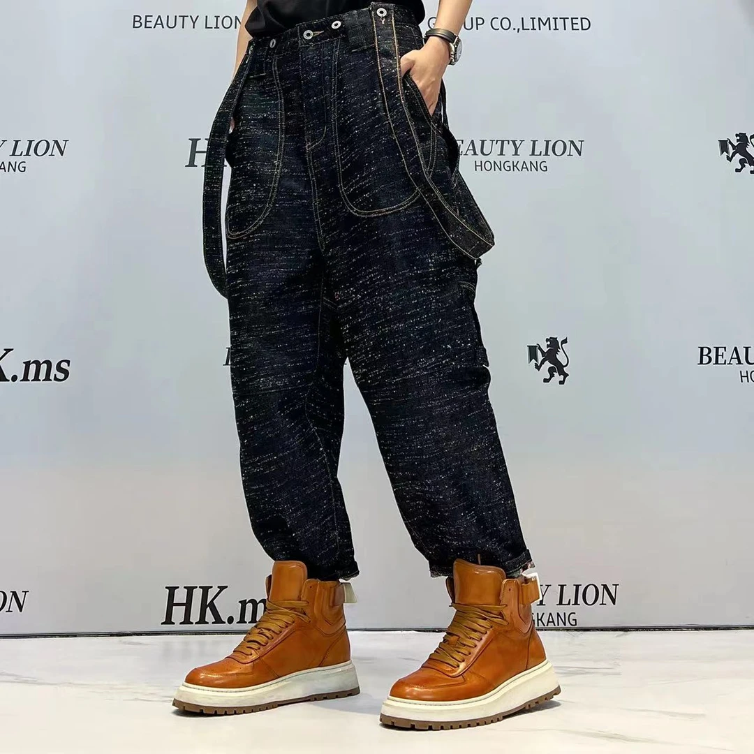 H·K美狮潮牌早秋复古渐染工装背带牛仔裤