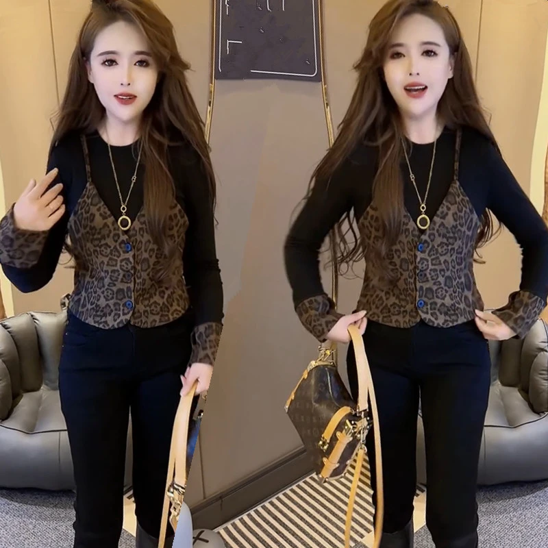 网红同款时尚减龄修身显瘦T恤女气质休闲豹纹拼接假两件上衣女