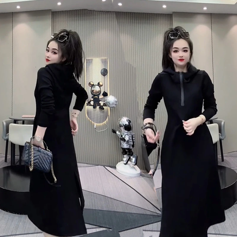 网红爆款时尚减龄宽松显瘦连衣裙气质百搭简约通勤休闲连帽A字裙