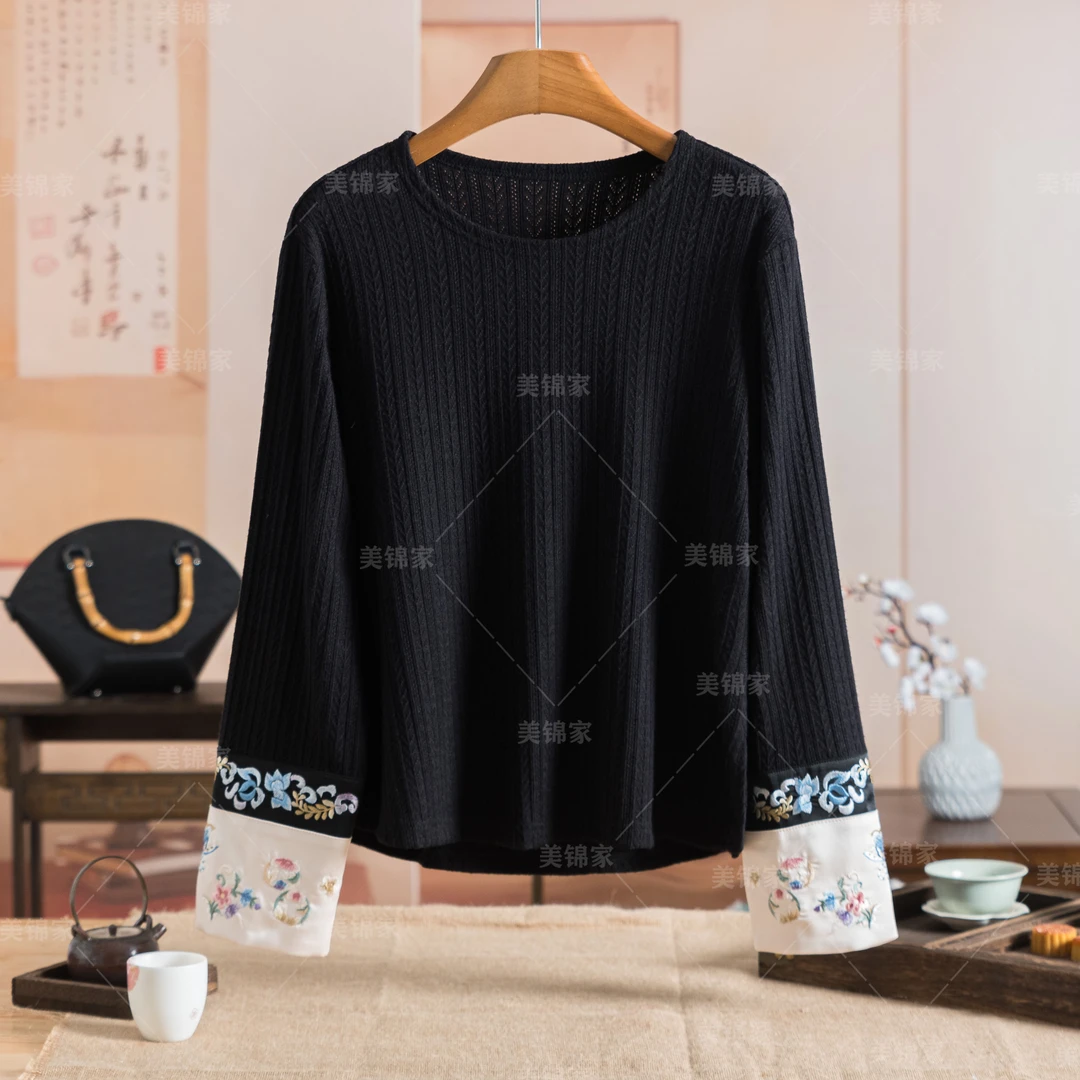 【美锦家】(T)新中式女款春秋刺绣圆领针织打底上衣231827