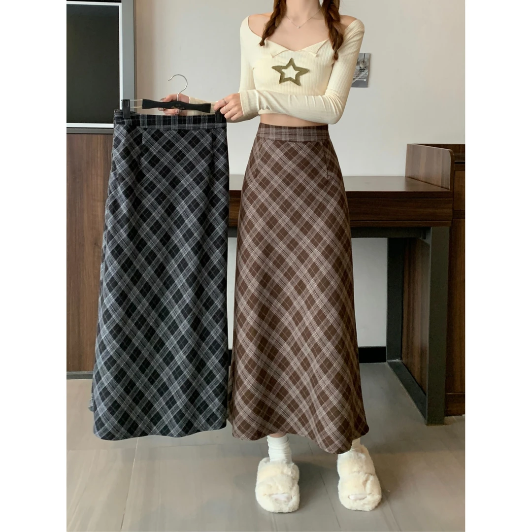 韩版复古格纹a字半身裙女装秋冬2025新款显瘦裙子梨形身材A字裙子