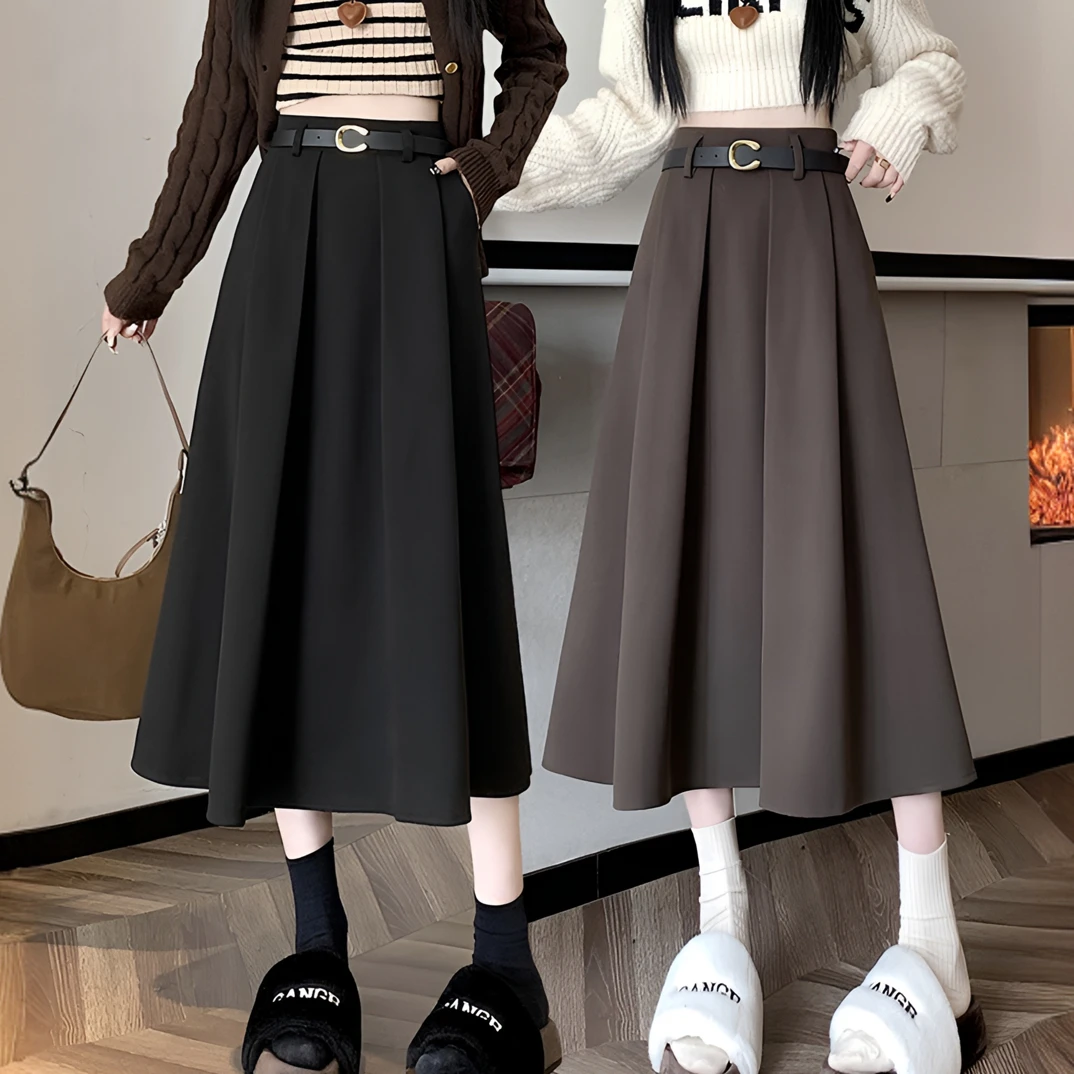 秋冬毛呢黑色半身裙女口袋2025新款高腰显瘦百褶裙西装百搭中长裙