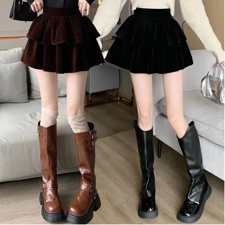 金丝绒韩版蛋糕半身裙女春秋冬2025新款高腰时尚显瘦a字蓬蓬短裙