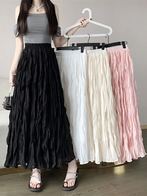 褶皱显瘦半身裙女夏季a字裙2025新款高腰百搭日常中长款裙子长裙