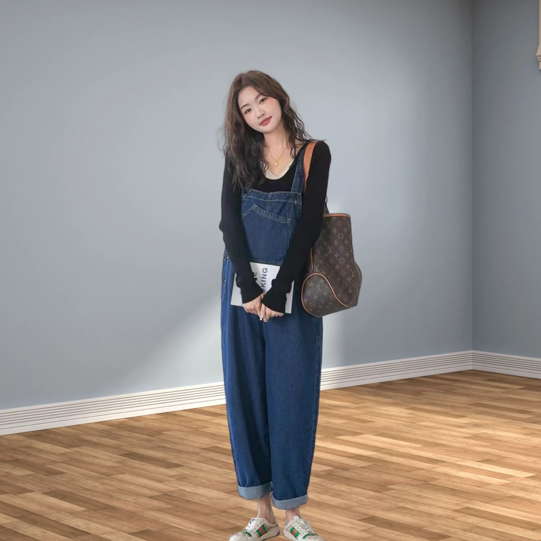 孕妇装孕妇背带裤宽松直筒休闲阔腿大码时尚软牛仔怀孕背带裤