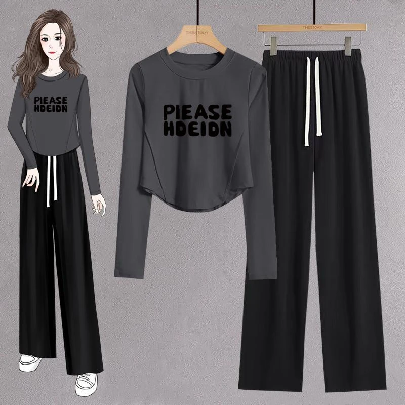 短款T恤套装女长袖设计感小个子春秋季修身辣妹上衣/阔腿裤两件套