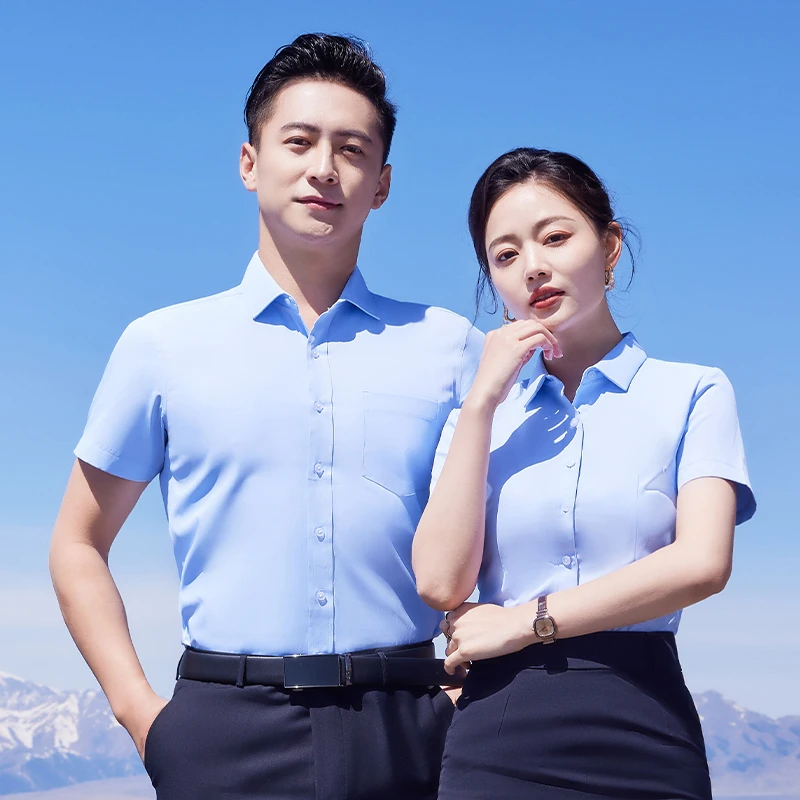 白色短袖衬衫男女夏季高级商务职业正装蓝色女士西装工作服白衬衣