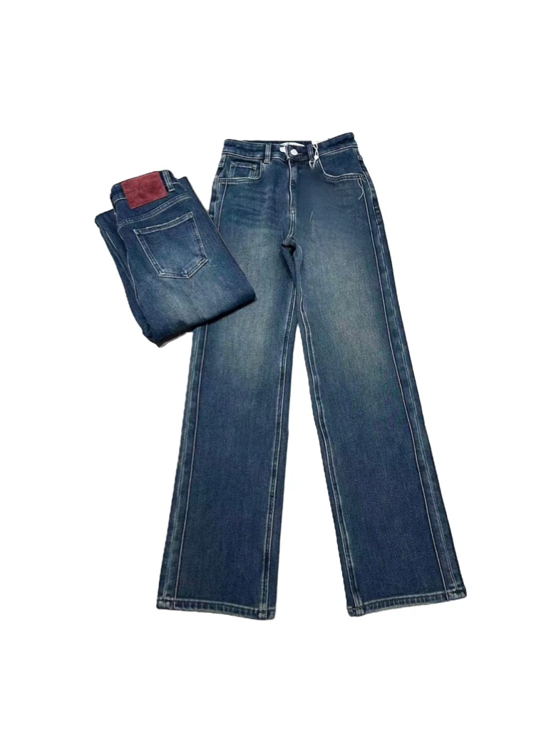 “小红牛”2024新款韩版时尚弹力显瘦直筒牛仔裤磨绒98125