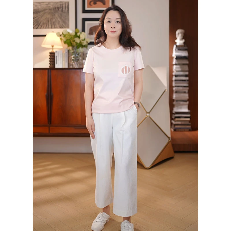 Ms.Qnn“好运来”全棉圆领口袋百搭舒适简约时尚女士休闲T恤 36T676