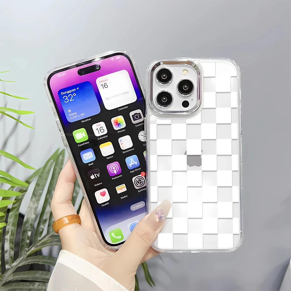 白格子适用iPhone13ProMax手机壳8p软11直边XR透明14适用苹果12大