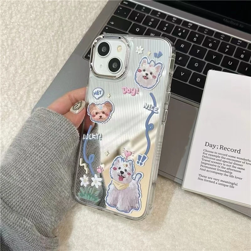 镜面花朵小狗手机壳iPhone14pro卡通xr防摔13/12神奇xs软11适用苹