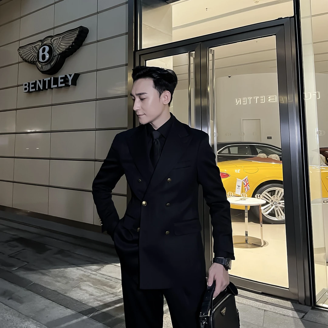 【DAIOETHAN】【年中活动】男纯色双排西装复古铜扣修身套装男款