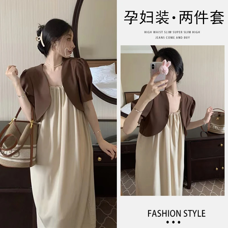 孕妇夏装连衣裙2024新款时尚洋气时髦气质夏季上衣吊带裙子两件套