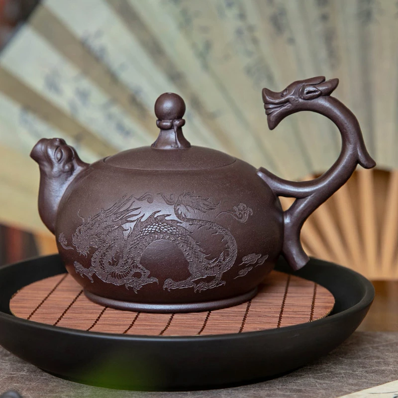 宜兴原矿老紫泥紫砂壶双龙戏珠茶壶紫砂壶家用茶壶名家全手工制作