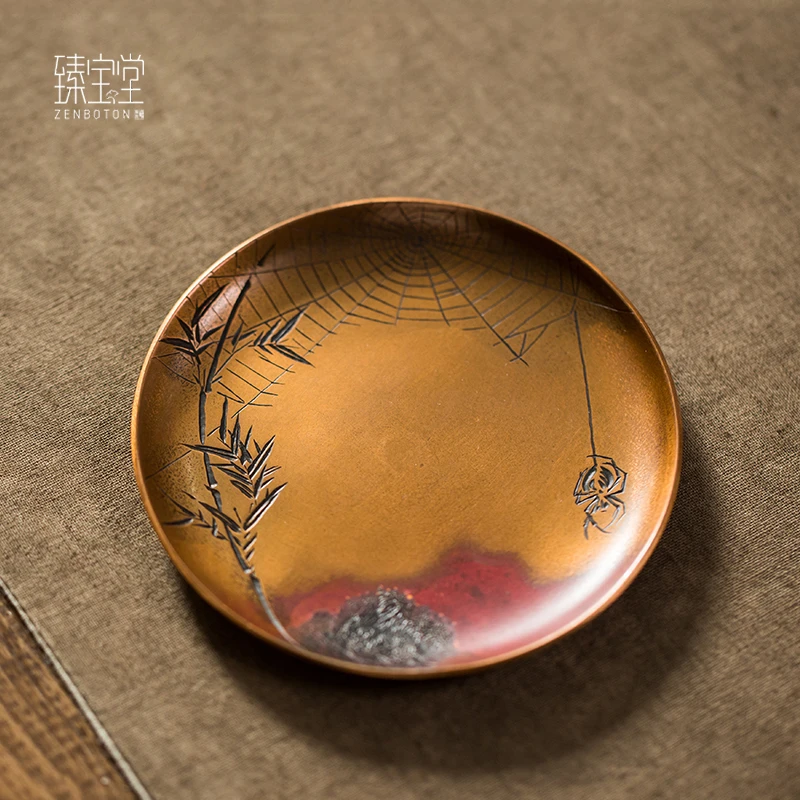 ZENBOTON/臻宝堂喜从天降杯托-纯铜手工雕刻竹子茶杯垫隔热垫