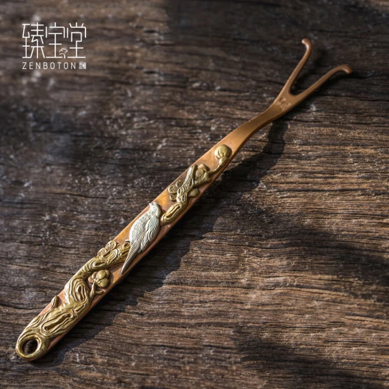 臻宝堂（ZENBOTON）铜防烫壶叉纯手工镶花鸟壶挑功夫茶具银壶盖