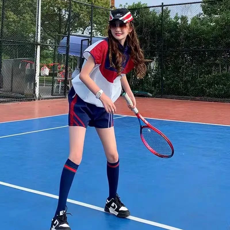 036-1高级感拼接休闲运动套装显瘦短袖T恤两件套夏时尚撞色