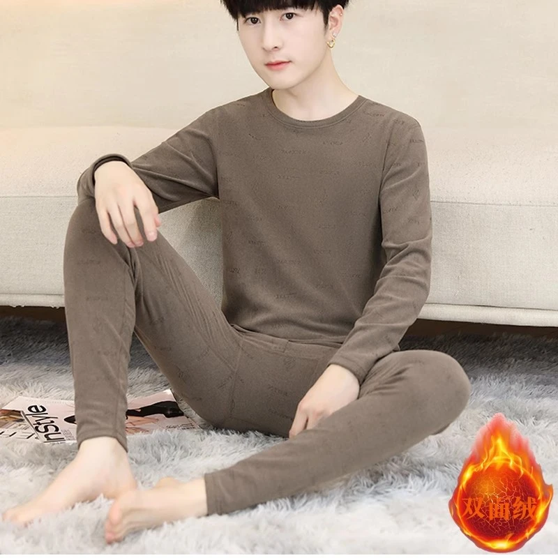 秋冬双面德绒秋衣裤秋裤男士线衣线裤青少年学生德容保暖内衣套装