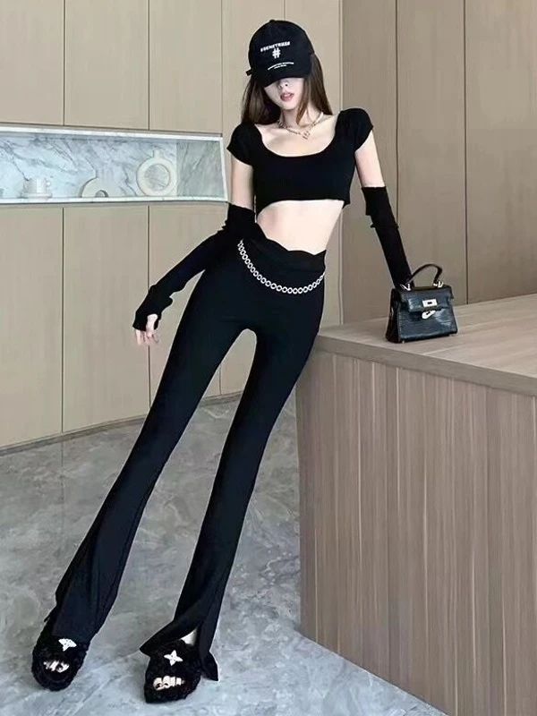 【101-199】设计感穿搭显瘦高腰微喇叭垂感黑裤女