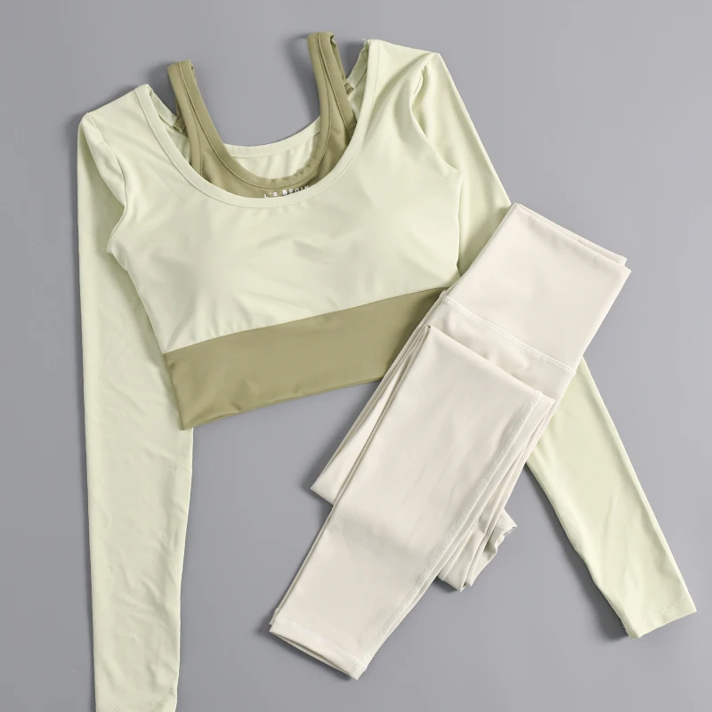 带胸垫瑜伽服套装女长袖气质显瘦跑步健身衣高颜值普拉提运动上衣