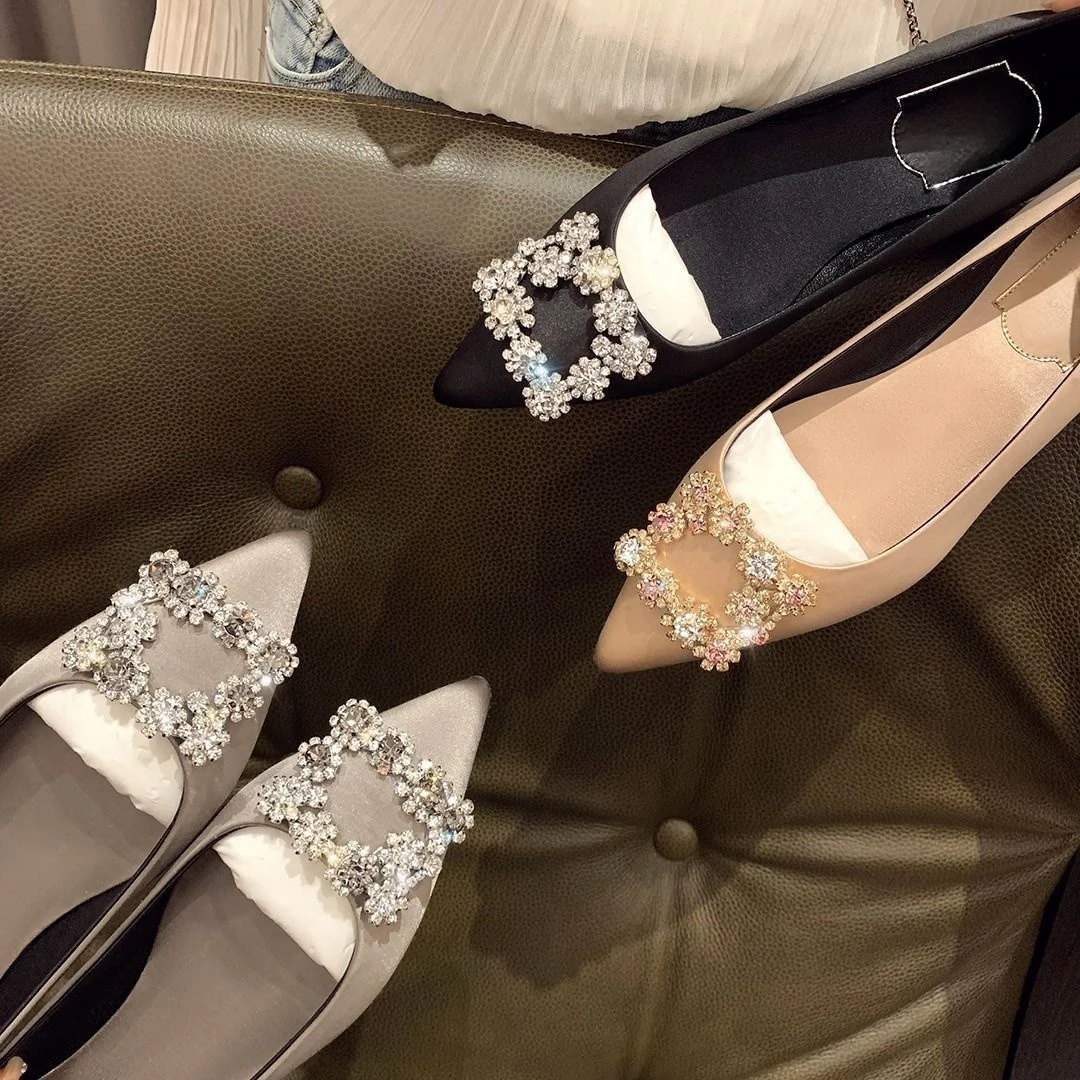 心动时刻花钻方扣缎面水钻尖头平底单鞋女婚鞋通勤鞋婚纱鞋两穿