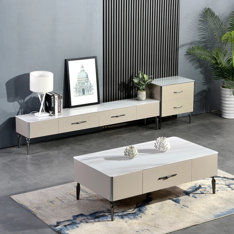 轻奢家用设计岩板玻璃茶几电视柜组合简约极简方形茶几电视柜组合