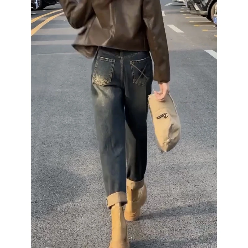 2024年秋季新款哈伦牛仔裤子女胖mm梨型身材高腰复古弹力显瘦老爹