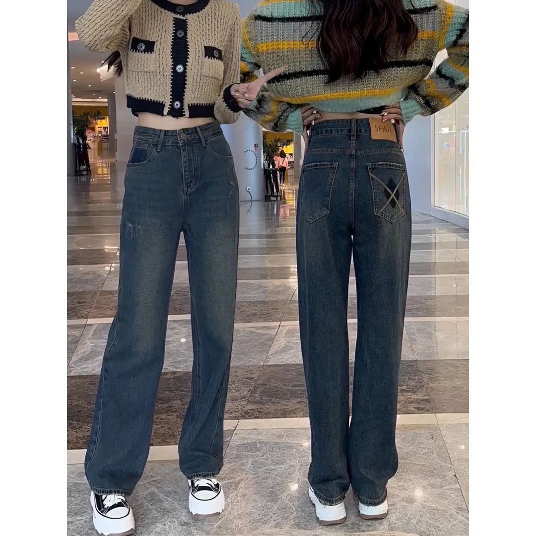 爆款直筒牛仔裤秋冬加绒女2025新款高腰胖mm窄版阔腿拖地长裤子