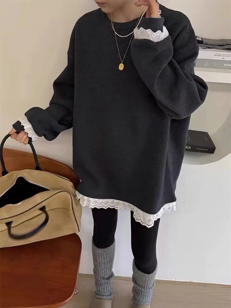 慵懒风长袖T恤女冬季休闲宽松中长款套头上衣内搭打底衫