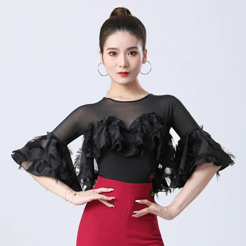 丹宝罗摩登舞交谊舞拉丁舞服新款上衣修身显瘦女气质喇叭袖连体衣