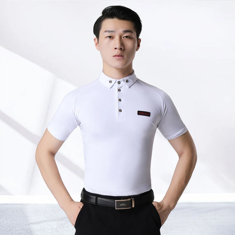 丹宝罗专业拉丁服男摩登舞练功服立领华尔兹白色修身纯色衣服短袖