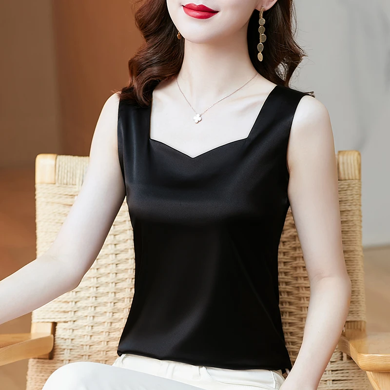 弹力缎面吊带背心女春夏季新款大码时尚内搭显瘦打底衫无袖上衣