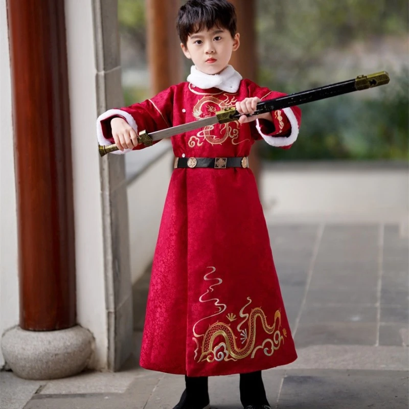 【云龙】圆领袍冬款加绒飞鱼服男童汉服演出冬季加厚侠客唐装古风