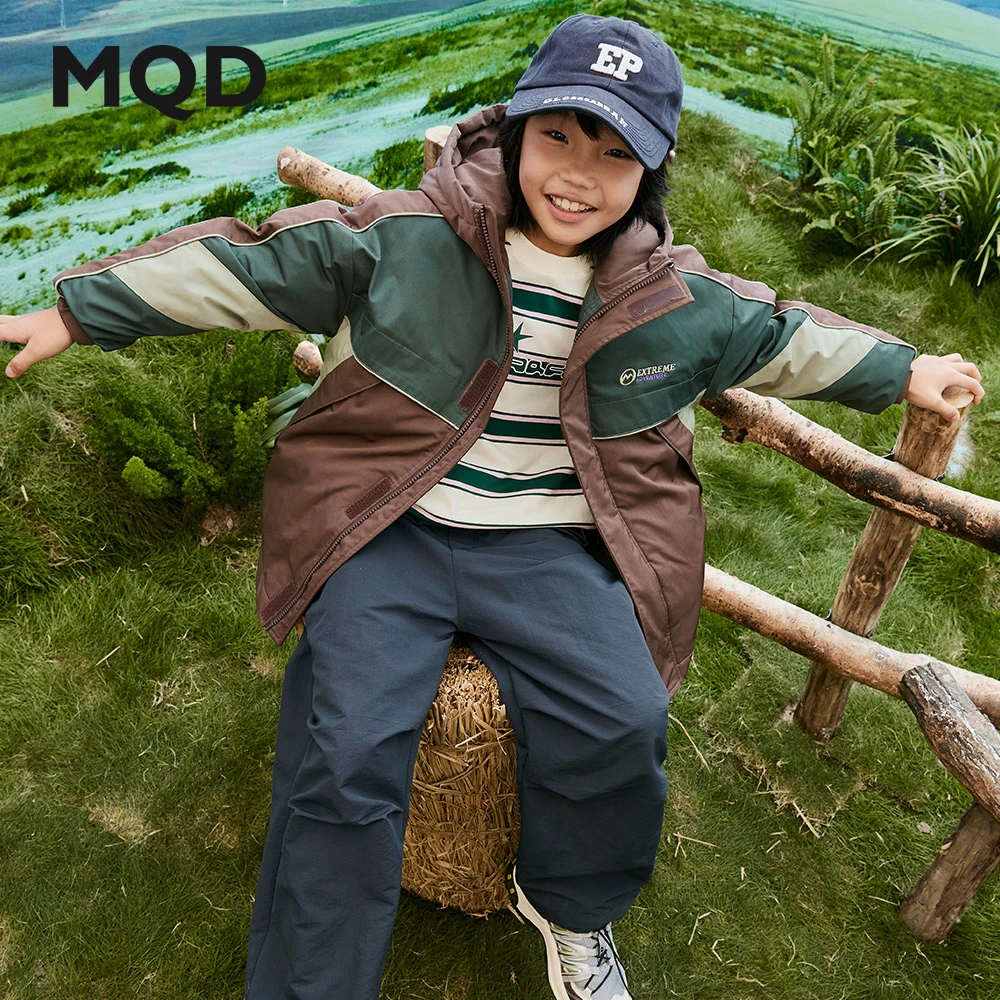 MQD中大童羽绒服户外连帽加厚防风保暖秋冬保暖儿童中长款拼接