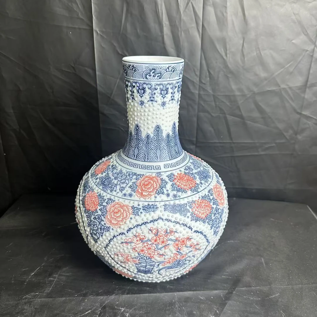 ZY-DP-A216釉里红点珠开窗花鸟天球瓶礼盒装+底座