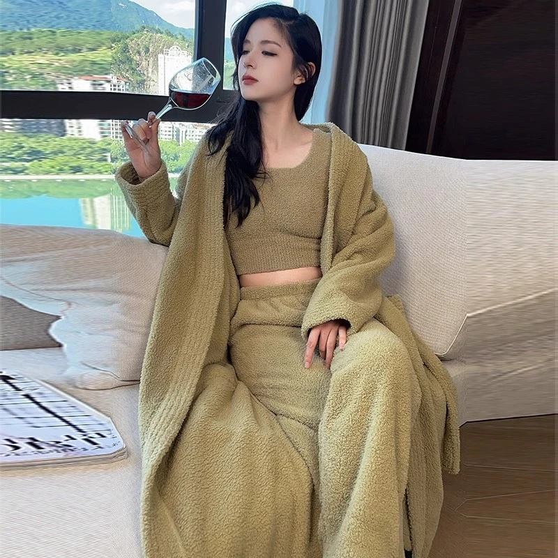 牛油果绿新款睡袍女情侣睡衣加厚长款法兰绒浴袍珊瑚绒秋冬睡袍