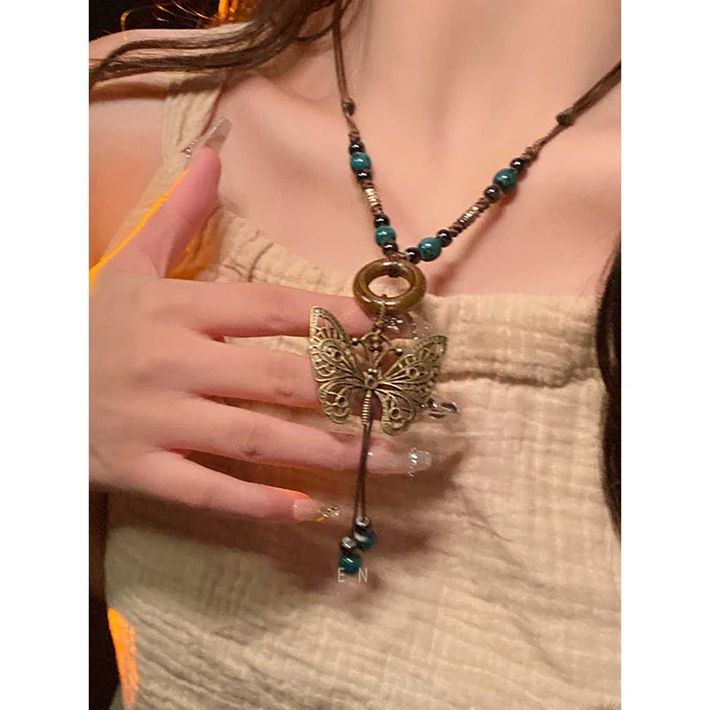 新款民族风蝴蝶陶瓷长款项链复古中国风编织绳配饰气质锁骨链