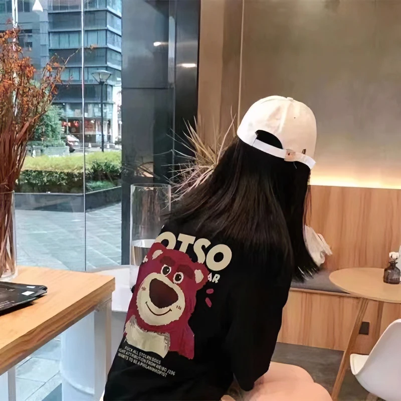 短袖女正肩夏装新款女装穿棉上衣休闲小个子情侣装草莓熊 T恤慵懒