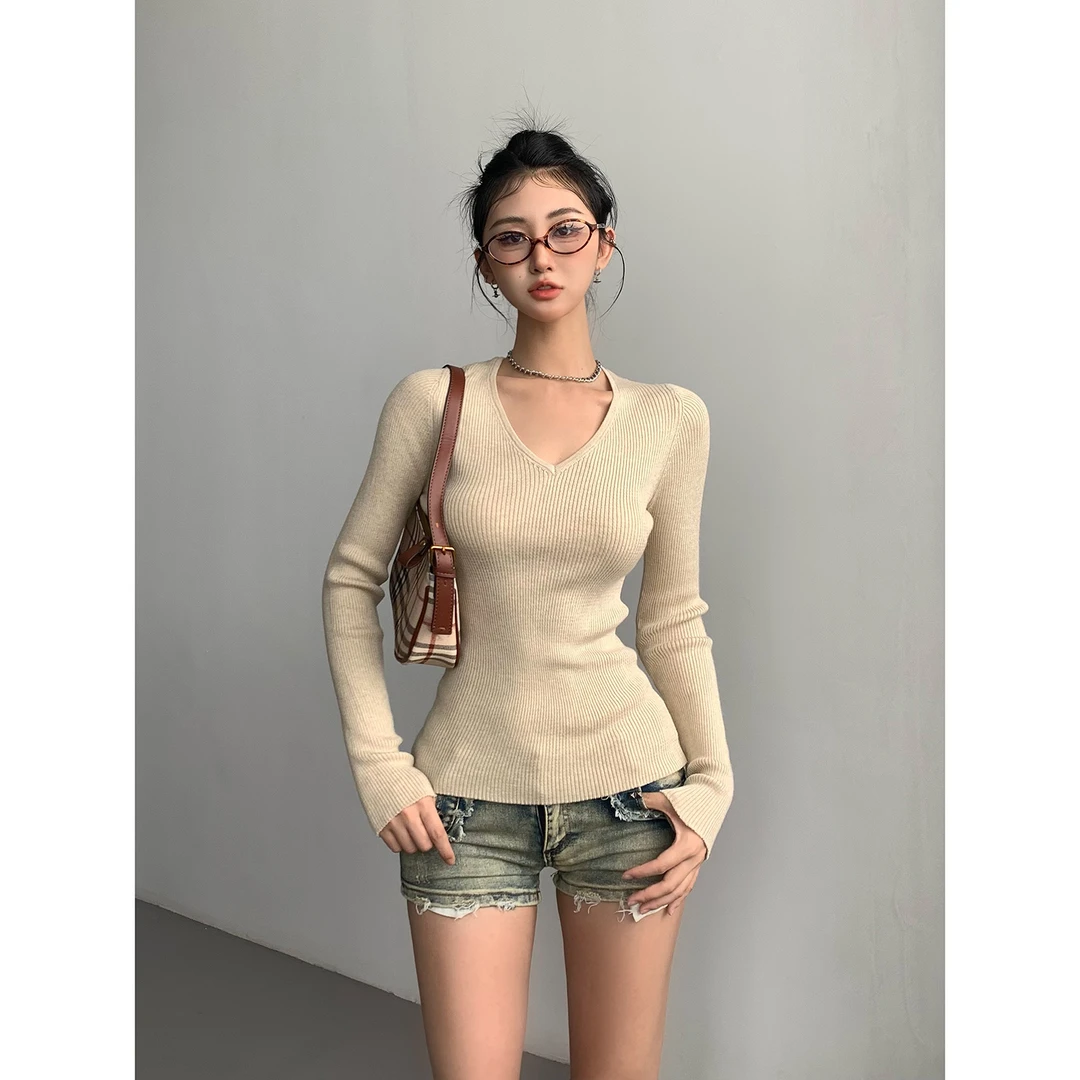 2025新品V领正肩针织衫修身百搭显瘦内搭打底衫紧身毛衣T恤上衣女
